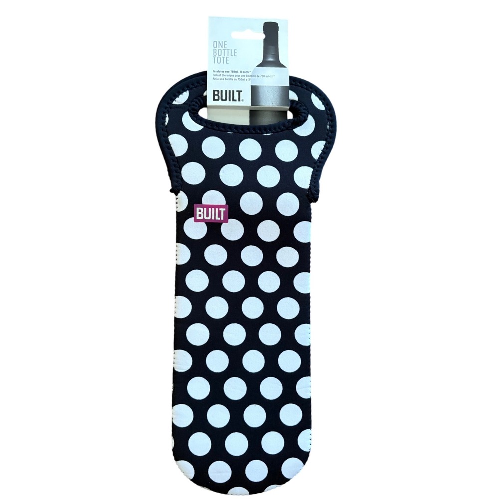 BUILT NY One Bottle Tote Black‎ White Polka Dot Neoprene Wine Carrier Insulated